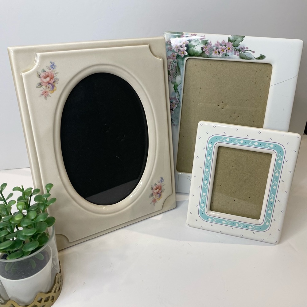 Vintage Ceramic Frame Set 3 Floral White Grey Picture Frames Y2K Unique Decor